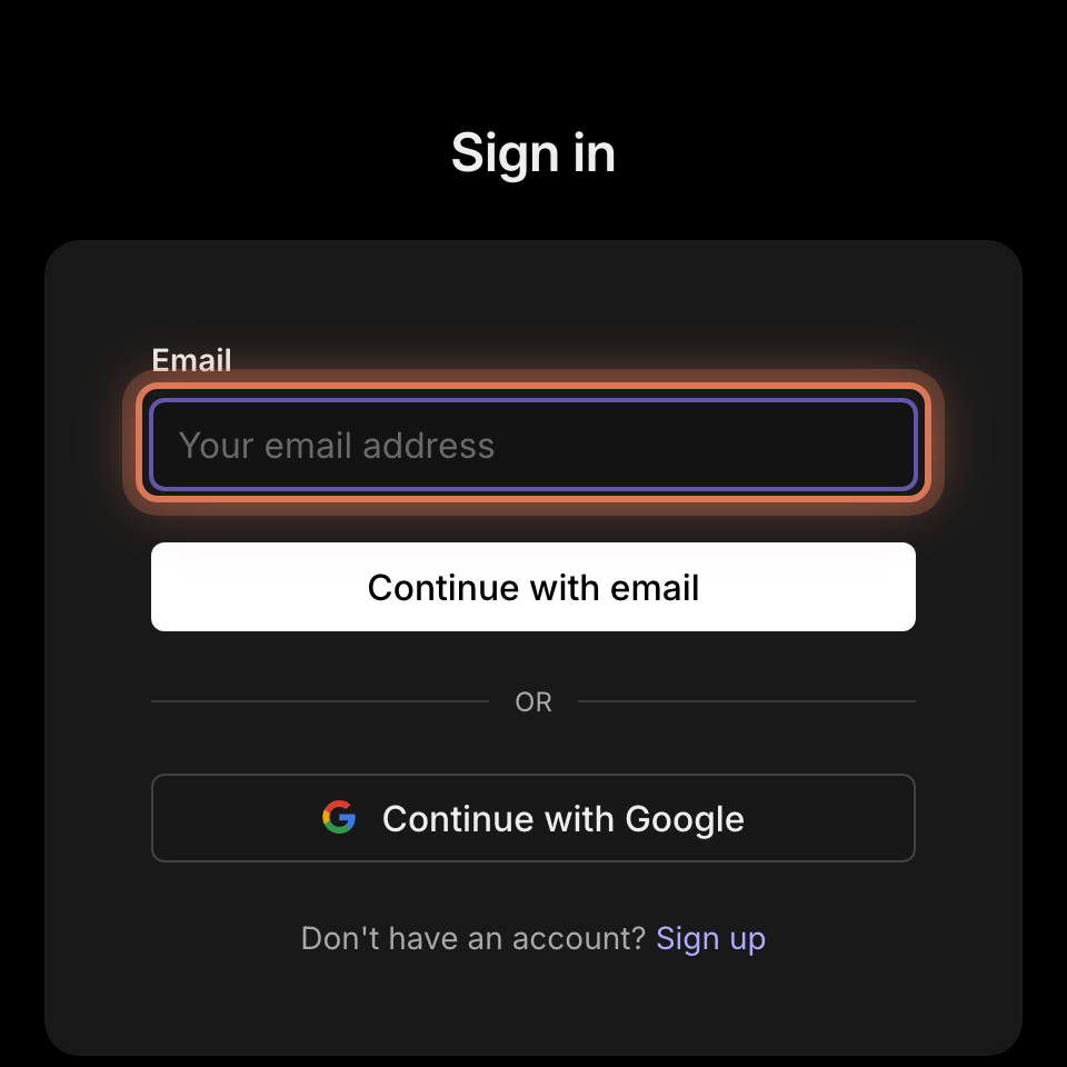 מסך ההרשמה של HookMyApp עם שדה האימייל מסומן