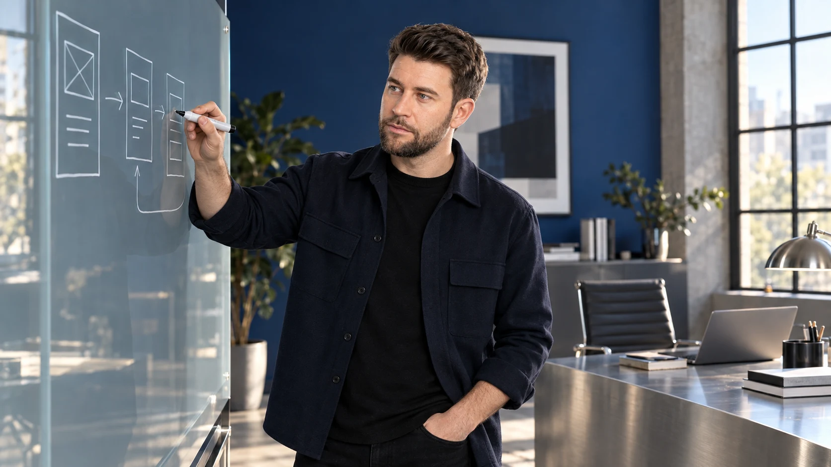 AI-created illustration: Daniel planning a product on a glass board