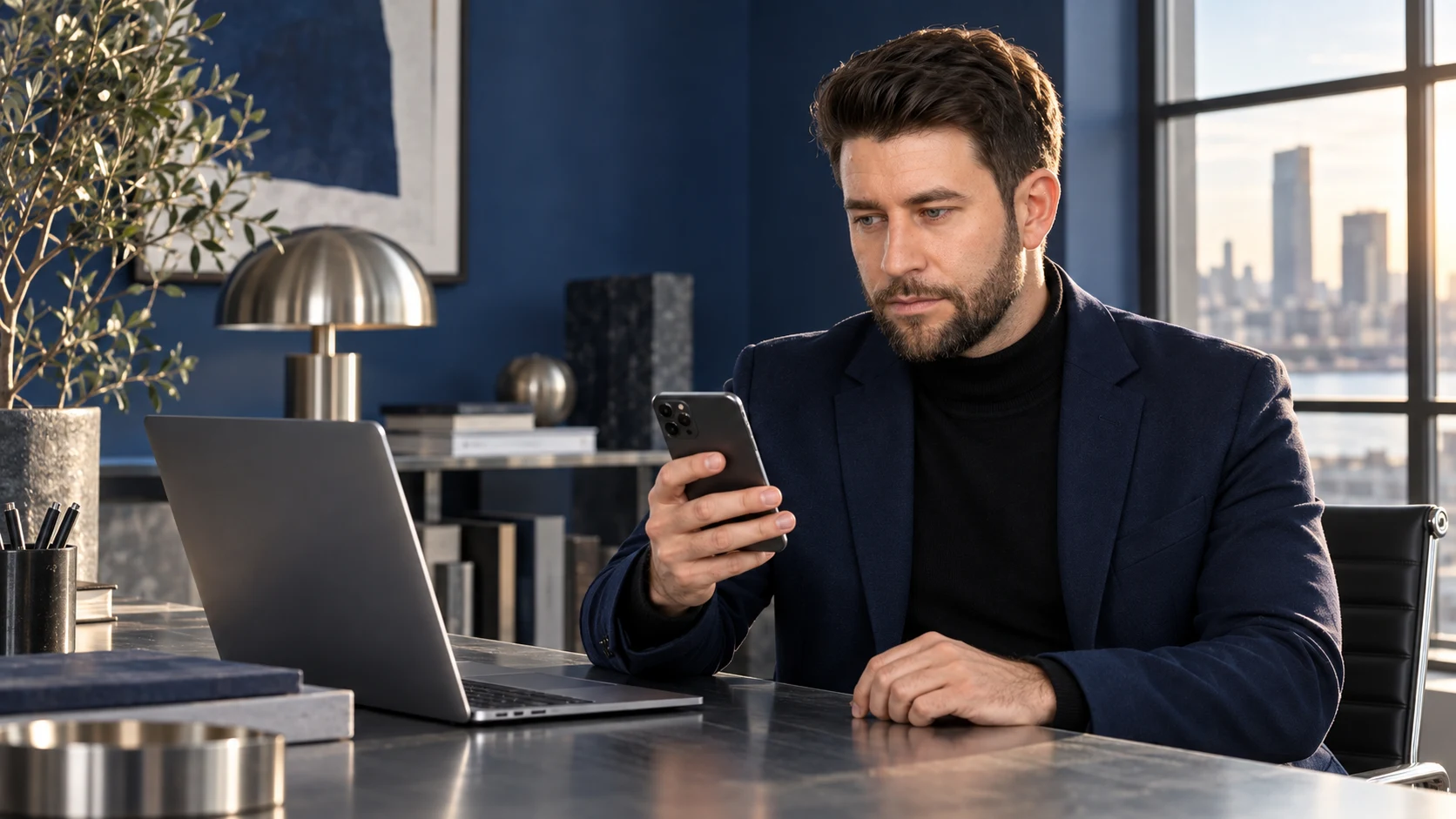 AI-created illustration: Daniel testing a product on a phone